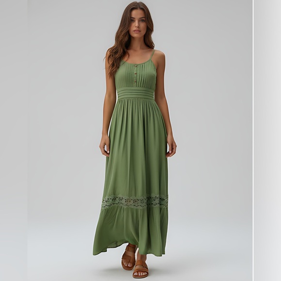 By Design Dresses & Skirts - Boho Shirred Ruffle Lace Hem Maxi Dress Green